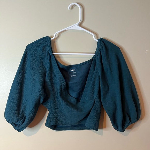 Anthropologie Maeve Teal Cross-Front Puff-Sleeve Crop Top NWOT - Picture 4 of 9